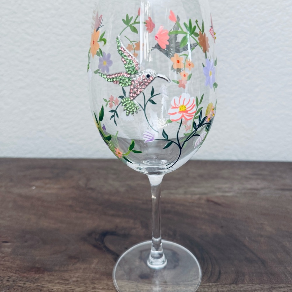 Crystal Hummingbird Floral Painted Large Wine Glass